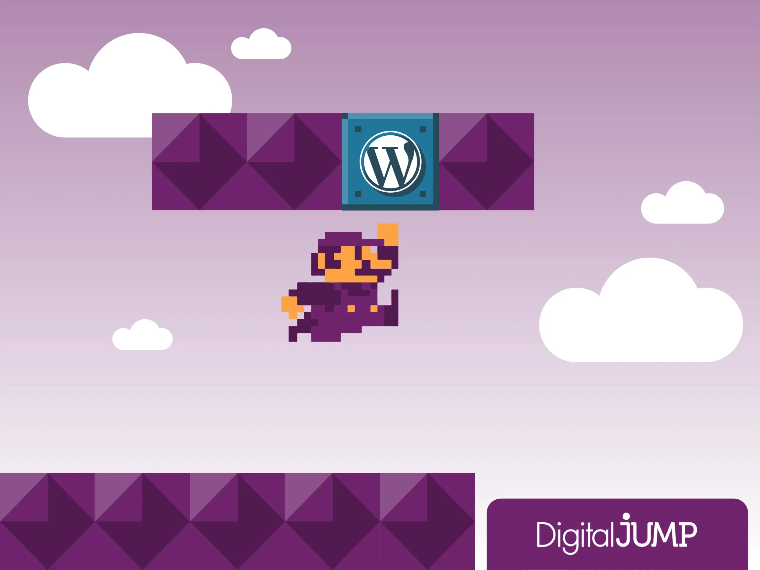 Mario bros saltando para golpear un bloque con el logo de Wordpress